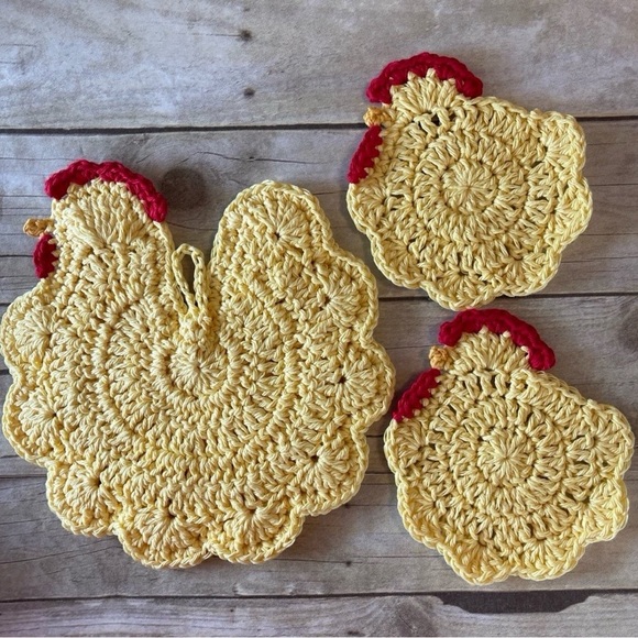 Handmade Other - New Handmade Cotton Crochet Chicken Hot Pad/Trivet & Two Coasters Yellow